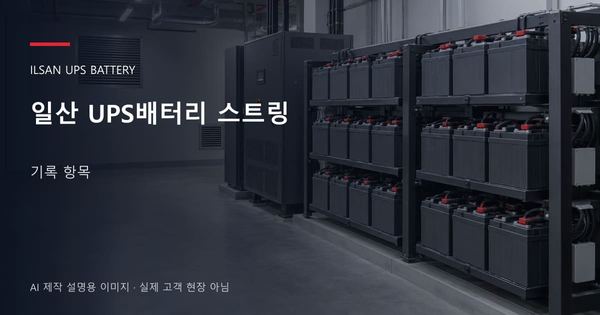일산 UPS배터리 스트링 기록 항목 안내 표지: 밀폐형 UPS배터리 랙과 충전기, 확보된 유지관리 통로 (AI 제작 설명용 이미지)