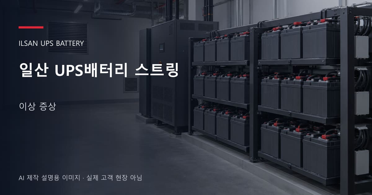 일산 UPS배터리 스트링 이상 증상 안내 표지: 밀폐형 UPS배터리 랙과 충전기, 확보된 유지관리 통로 (AI 제작 설명용 이미지)