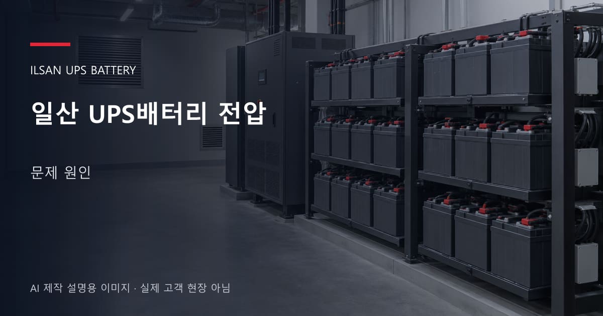일산 UPS배터리 전압 문제 원인 안내 표지: 밀폐형 UPS배터리 랙과 충전기, 확보된 유지관리 통로 (AI 제작 설명용 이미지)
