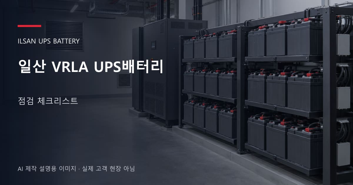 일산 VRLA UPS배터리 점검 체크리스트 안내 표지: 밀폐형 UPS배터리 랙과 충전기, 확보된 유지관리 통로 (AI 제작 설명용 이미지)