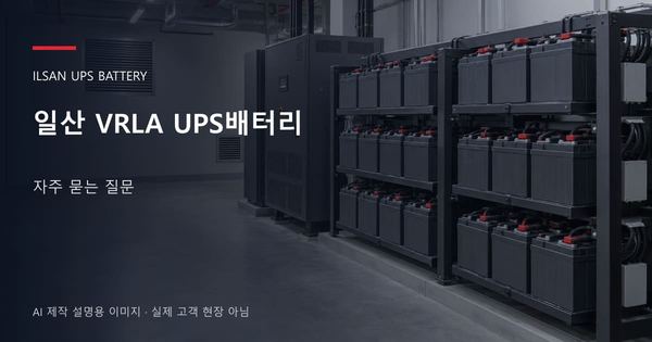 일산 VRLA UPS배터리 자주 묻는 질문 안내 표지: 밀폐형 UPS배터리 랙과 충전기, 확보된 유지관리 통로 (AI 제작 설명용 이미지)