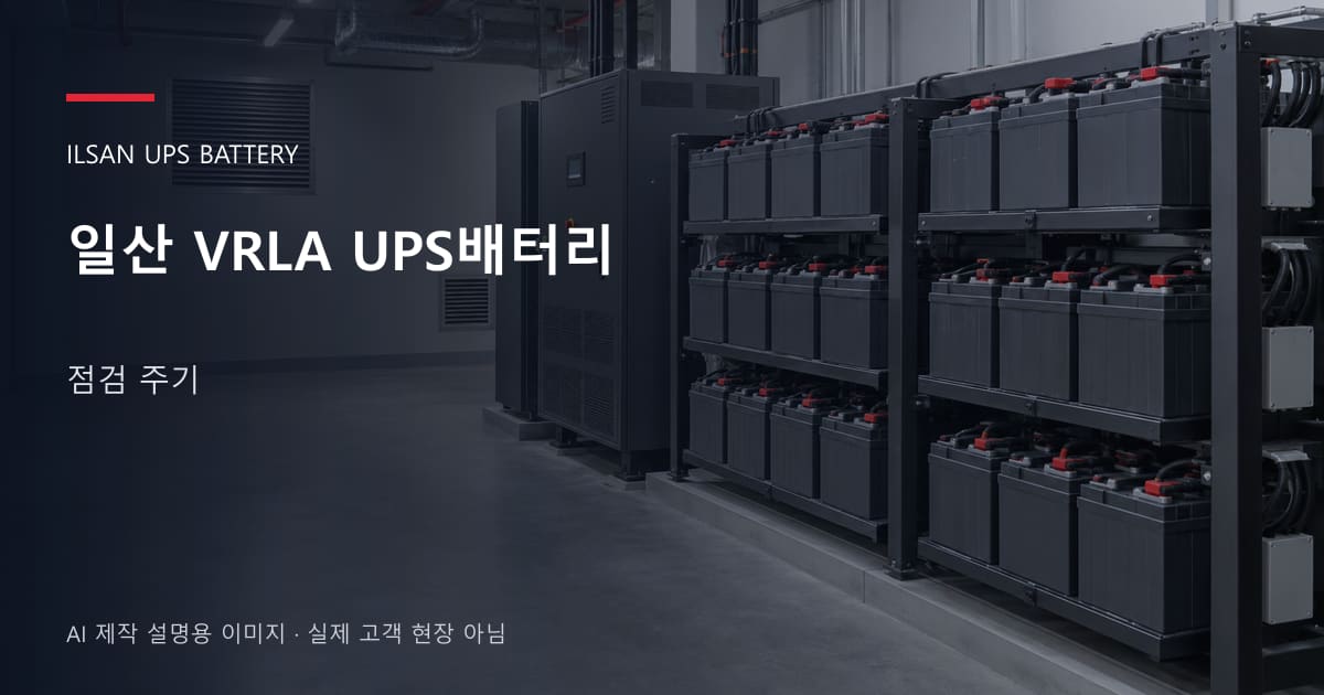 일산 VRLA UPS배터리 점검 주기 안내 표지: 밀폐형 UPS배터리 랙과 충전기, 확보된 유지관리 통로 (AI 제작 설명용 이미지)