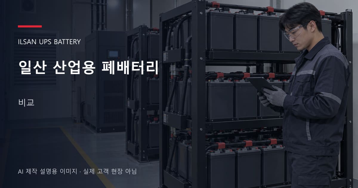 일산 산업용 폐배터리 비교 안내 표지: 보호안경을 착용하고 배터리 랙 옆에서 점검표를 확인하는 기술자 (AI 제작 설명용 이미지)