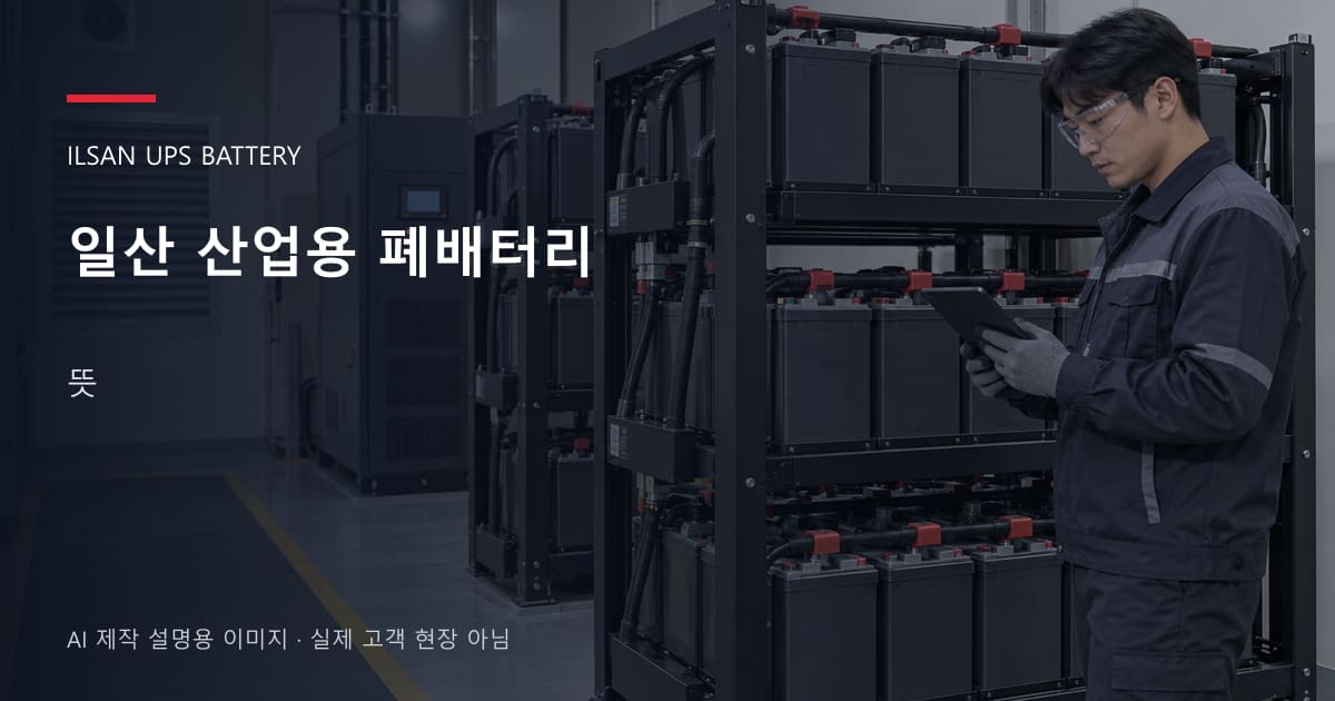 일산 산업용 폐배터리 뜻 안내 표지: 보호안경을 착용하고 배터리 랙 옆에서 점검표를 확인하는 기술자 (AI 제작 설명용 이미지)