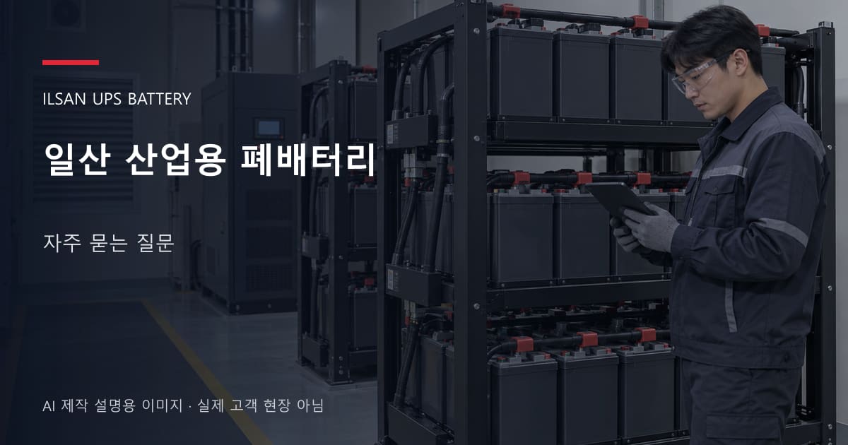 일산 산업용 폐배터리 자주 묻는 질문 안내 표지: 보호안경을 착용하고 배터리 랙 옆에서 점검표를 확인하는 기술자 (AI 제작 설명용 이미지)