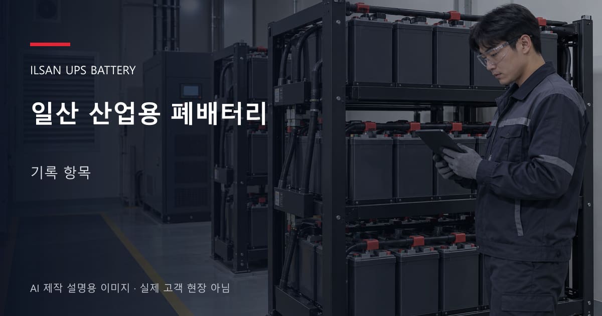 일산 산업용 폐배터리 기록 항목 안내 표지: 보호안경을 착용하고 배터리 랙 옆에서 점검표를 확인하는 기술자 (AI 제작 설명용 이미지)