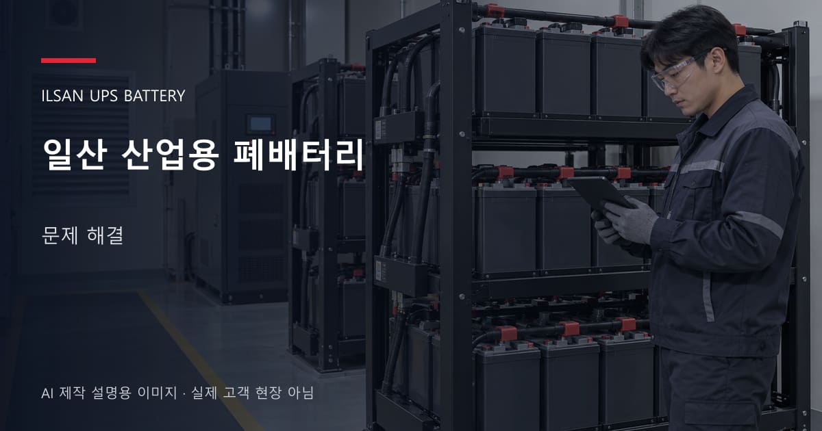 일산 산업용 폐배터리 문제 해결 안내 표지: 보호안경을 착용하고 배터리 랙 옆에서 점검표를 확인하는 기술자 (AI 제작 설명용 이미지)